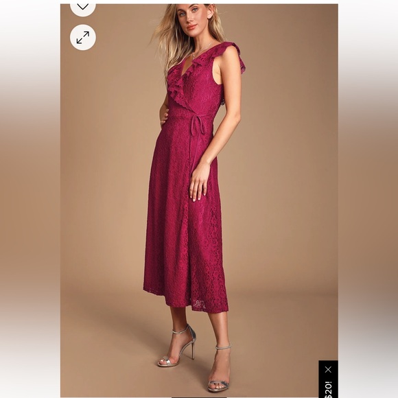 NWT Lulus Effortless elegance lace midi wrap dress magenta large L - Picture 3 of 9